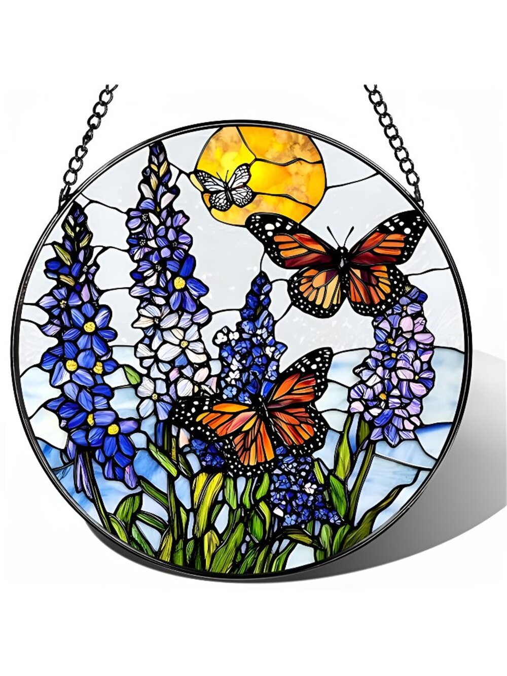 Stained Glass Window Hanging, 8 Inch Lavender & Butterfly Sun Catcher Decor